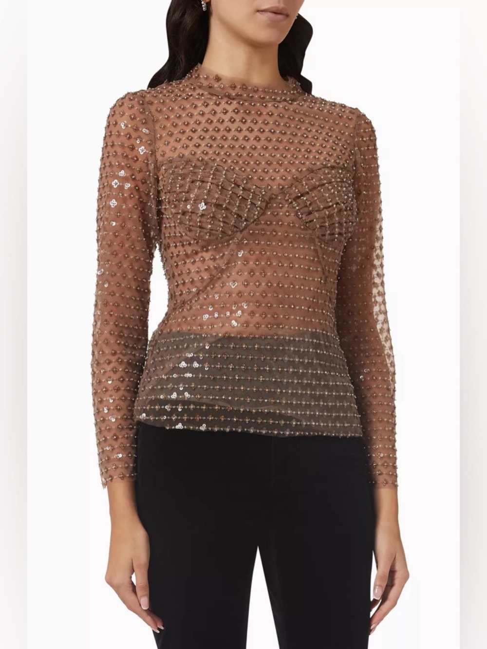 Self-Portrait Taupe Sequin Ruched-Bust Long Sleeve Top - New never been worn